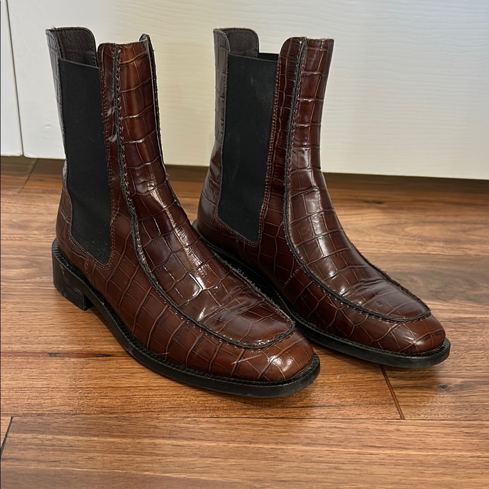 Pilcro Dark Brown Crocodile Pattern Ankle Boots